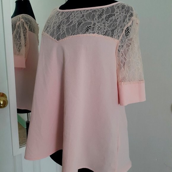 Unique Spectrum Blush Pink Peach Mesh Floral Lace Top Back Keyhole Baby Doll Top - Picture 5 of 10